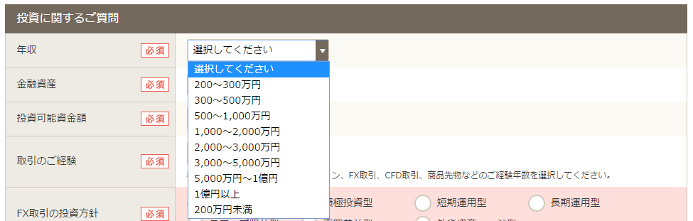 GMO口座開設申込_年収