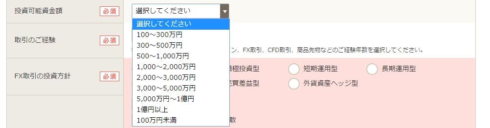 GMO口座開設申込_投資可能資金額