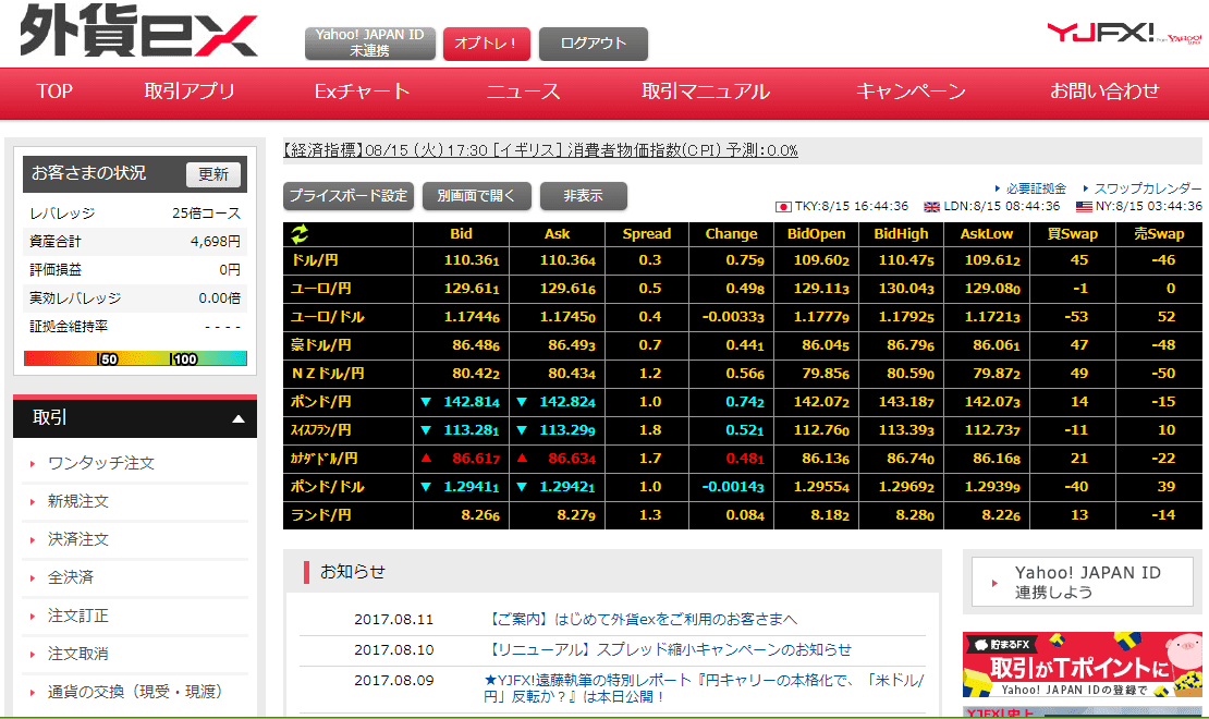 YJFX 取引画面（外貨ex）