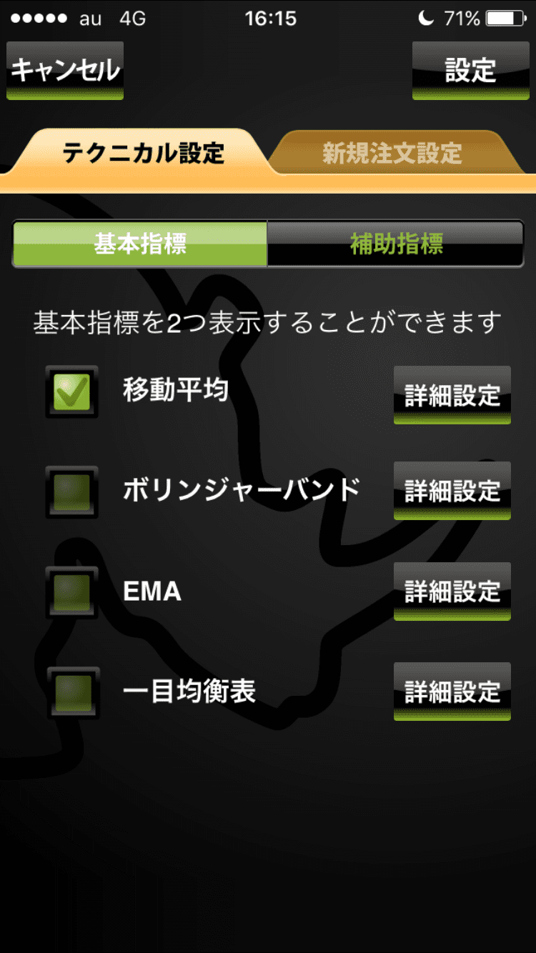 YJFX!のテクニカル基本指標選択画面