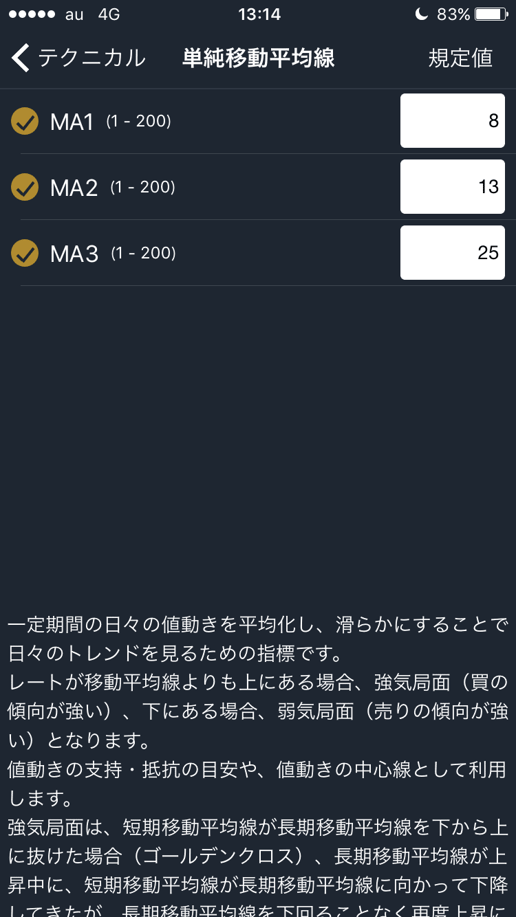 GMOクリック証券の単純移動平均線(SMA)の設定値変更画面