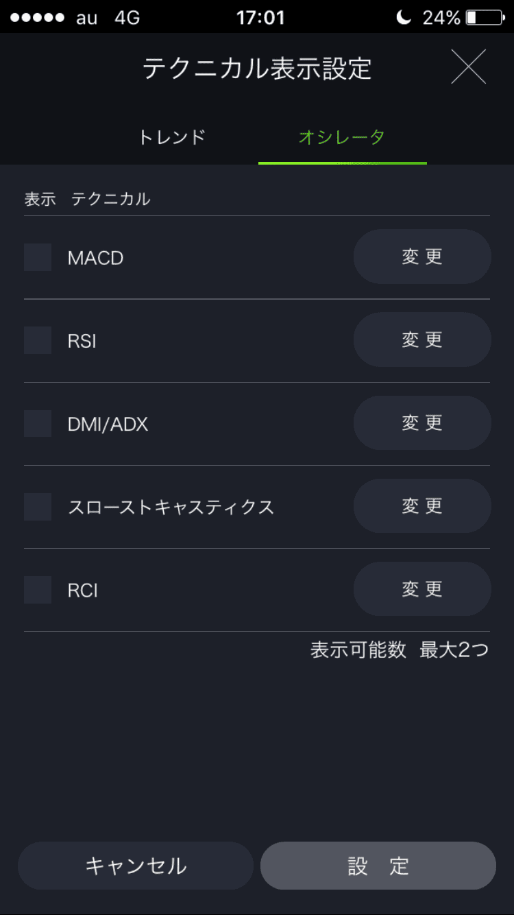 DMMFXスマホアプリのオシレーター系テクニカル選択画面